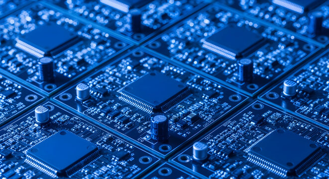 Close-up view of blue circuit boards with microchips in a technology lab setting