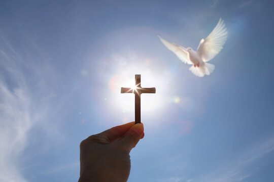 A Christian's hand holding the cross of Jesus Christ and a dove of the Holy Spirit against a bright sunlight sky.
