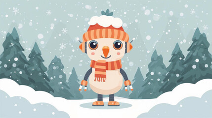 illustration of a robotic character stands amidst a serene, snow-covered forest. © Pemuda