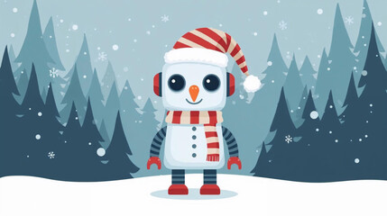 illustration of a robotic character stands amidst a serene, snow-covered forest. © Pemuda