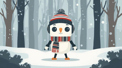 illustration of a robotic character stands amidst a serene, snow-covered forest. © Pemuda