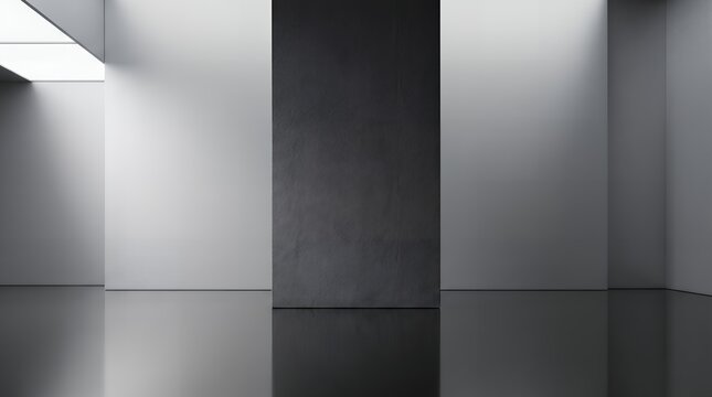 中央の黒い柱と光と影のグラデーションが美しいモダンなコンクリート空間
