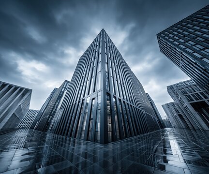 Modern Architecture High-Rise Buildings with Reflective Wet Ground and Dramatic Cloudy Sky
