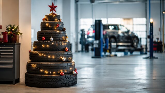 Alternative Christmas tree made from stacked car tires decorated with glowing lights, ornaments and a red star inside a modern auto repair workshop