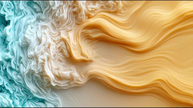 Colorful waves flow and swirl together, forming unique patterns and textures on a smooth surface. The movement reveals changing shapes and blends.