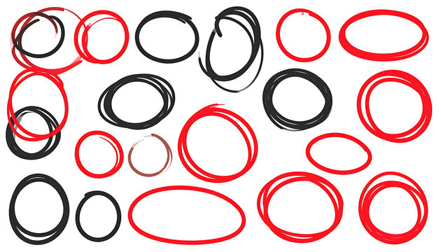 hand drawn doodle circle collection, sketchy black and red ring shapes, messy ink marker scribble frames for highlight, emphasis and selection marks