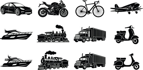 Transportation vehicles vector icon set including car motorcycle airplane train truck yacht bicycle and scooter silhouettes isolated on white background © Md