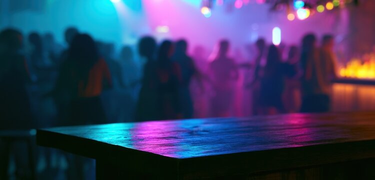 Wooden bar counter in a nightclub with blurred dancing crowd and colorful neon lighting