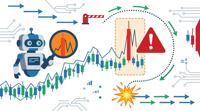 Robot inspector examines stock market candlestick charts while identifying high risk trading patterns and technical warnings.