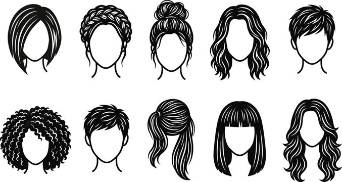 Women Haircuts and Hairstyles Black Silhouette Vector Icon Set Featuring Afro Curly Wavy Short Pixie Braided Bob and Long Hair Styling for Beauty Salon Signs