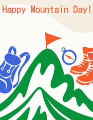 Naklejka premium Flat Mountain Day illustration with confident peak gesture, backpack, mountain green for August social template