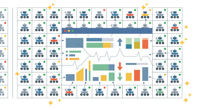 Robots arranged in a grid pattern monitor a central interface filled with fluctuating market graphs.