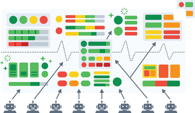 Robots analyze multiple data streams and colorful performance metrics displayed on a digital dashboard.