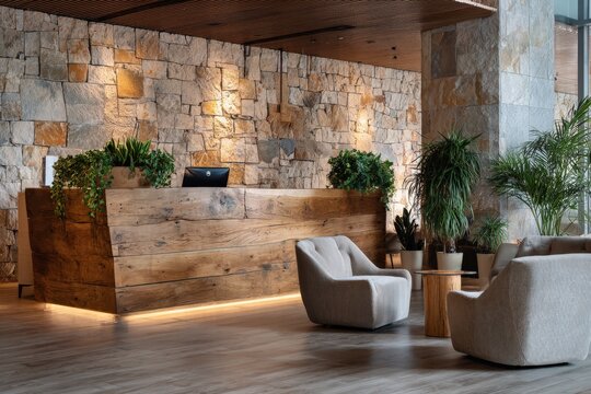 Warm reception area with wooden desk and greenery in a hotel setting
