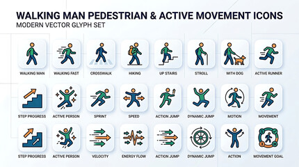 Fototapeta premium Walking Man Pedestrian and Active Movement Icons Set for Fitness and Safety