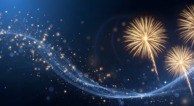 Vibrant fireworks exploding in the night sky with sparkling lights and trails