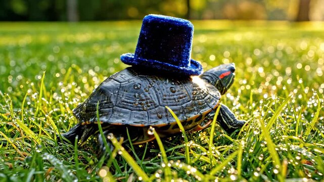 Small Turtle Wearing Blue Velvet Top Hat Walking on Dewy Green Grass