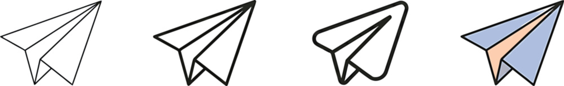 Four stylized paper airplane icons in different outline and filled designs