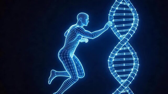 Running human figure touching DNA helix