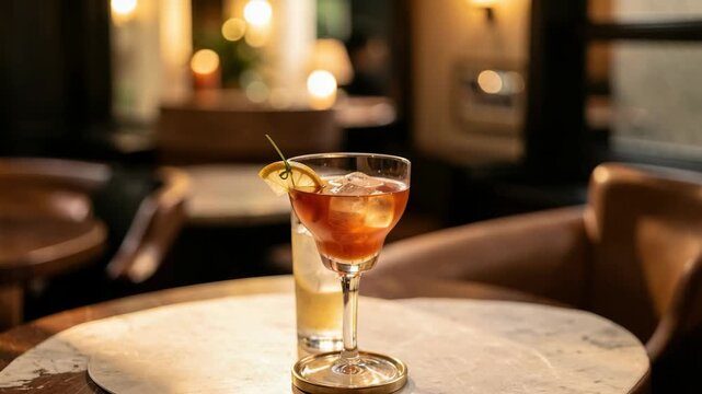 A classic martini cocktail served at a restaurant bar, with lemon twist as garnish.