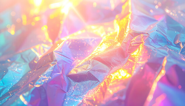 Iridescent holographic foil texture with crumpled surface, shimmering light reflections, vibrant blue and golden tones, ethereal background, digital wallpaper