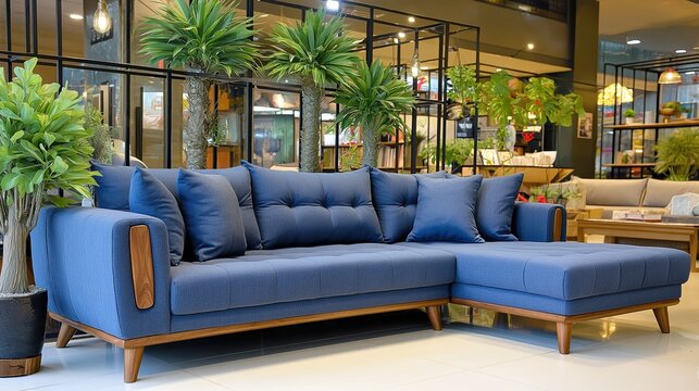Blue fabric sofa with wooden legs and armrests, placed in the showroom of a home furniture store, with plants
