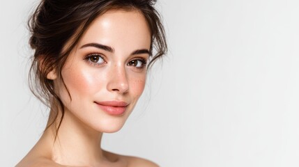 Naklejka premium Close-up portrait of a young woman with natural makeup and loose hair against a plain white background