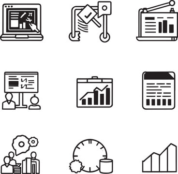 Business Statistics and Data Analytics Icons, Minimalist Project Presentation Corporate Workflow Line Art Vector Set