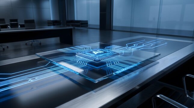 Futuristic artificial intelligence microchip glowing with blue digital circuits embedded inside a glass conference table