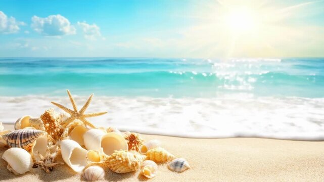 Seashell and starfish collection on sandy beach with ocean waves and bright sun. Tropical summer holiday concept for travel and vacation.