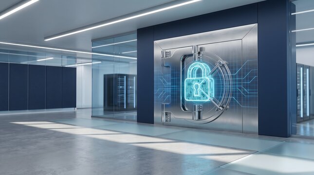 Digital data vault with glowing padlock symbol inside a modern server room representing secure information storage