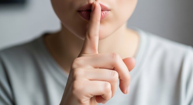 Close-up of a woman holding her index finger over her lips. Shh gesture asking for silence or keeping a secret