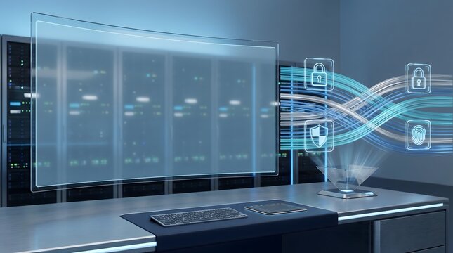 Digital security interface with glowing data streams and protection icons in a modern server room environment for data safety