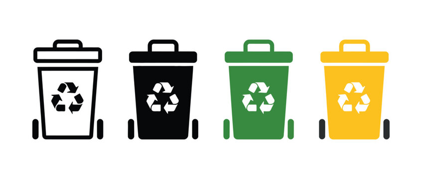 Recycle bin with wheel icon set representing waste management, garbage sorting, and environmental sustainability in clean vector illustration design.