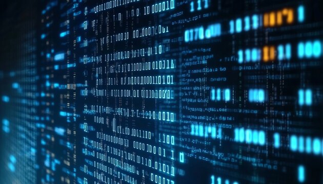 Abstract Digital Background with Binary Code Data Stream Flowing on a Modern Dark Computer Screen
