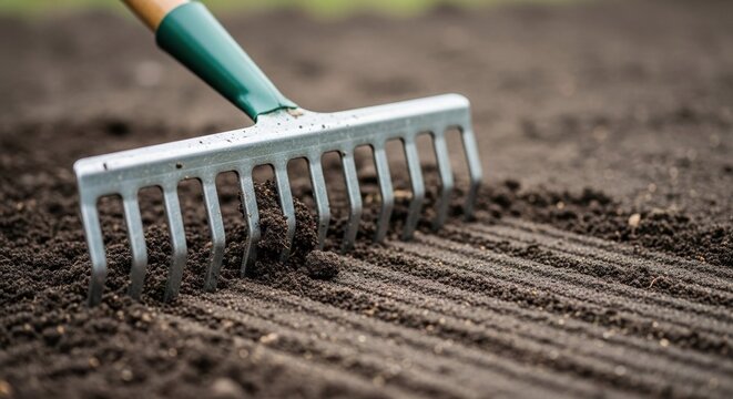 Close-up of a metal rake leveling dark fertile soil in a garden. Spring gardening and agriculture preparation