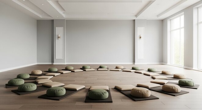 Empty meditation room with cushions arranged in a circle on wooden floor. Modern yoga studio interior with natural light. Group wellness and mindfulness concept