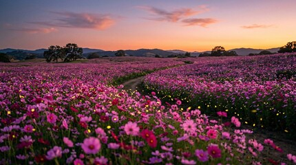 Fototapeta premium Breathtaking vast meadow densely packed with blooming pink and purple cosmos flowers under a golden twilight sky with glowing fireflies.