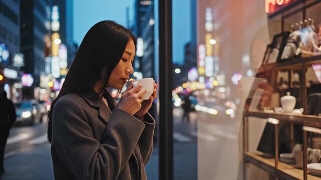 Stylish Asian Woman Holding White Coffee Cup Looking Into Modern Shop Window on Urban Street at Twilight