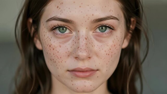 Somber expression on young girl's face with rosy cheeks and freckles.