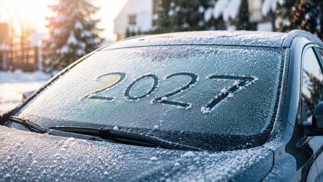 Close-up of a snow-covered car parked in a suburban neighborhood with 2027 written into the frosted windshield on a bright winter morning