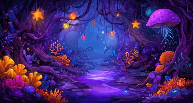 Fantasy forest path glows with magic