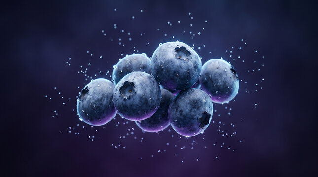 Fresh blueberries floating against ultraviolet gradient background with water droplets, dramatic blue and purple lighting, detailed textures, and premium superfood advertising aesthetic.