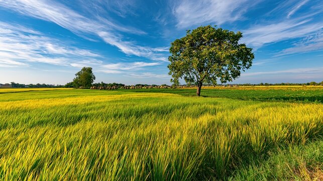 Vibrant Green Rice Paddy Field Under a Sweeping Blue Sky with Wispy Clouds and a Solitary Tree