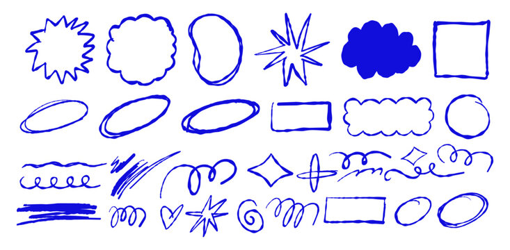 Vector set of stickers, scribbles and doodles in simple linear hand drawn style with copy space, minimal design elements for posters
