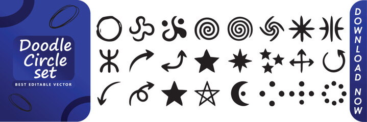 Obraz premium Doodle circle set with various black icons on white background including stars, arrows, and spirals for design and editing purposes easily
