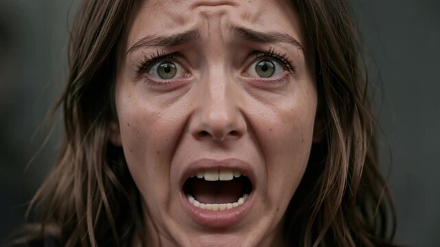 Close-up of a young woman with wide eyes and open mouth, displaying a concerned or alarmed emotion.