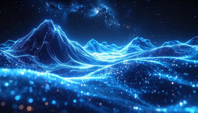 Abstract digital landscape of glowing blue mountain data waves.