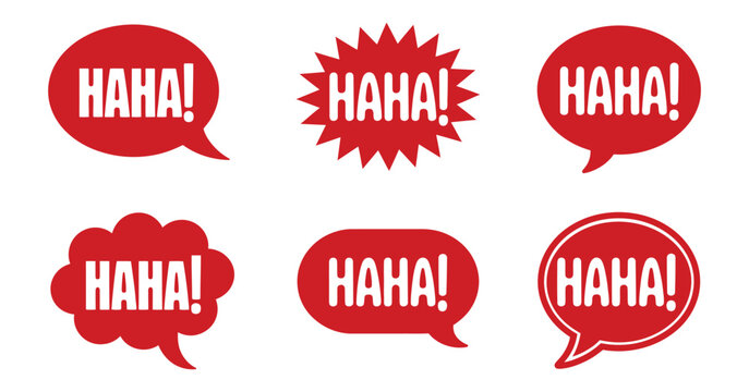 Red haha comic speech bubble vector set featuring funny laughter chat balloons in pop art style for  messaging, reactions, and social media icons.
