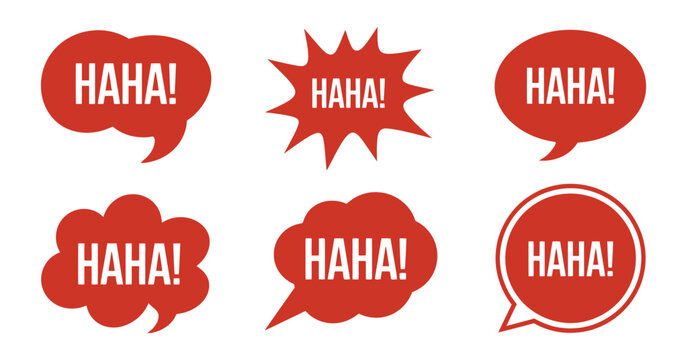 Funny laughter speech bubble vector set featuring red comic chat balloons and pop art style message icons for communication and social media design.